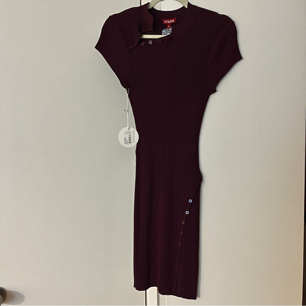 STAUD burgundy Sheath Dress Knee-Length Short Sleeve